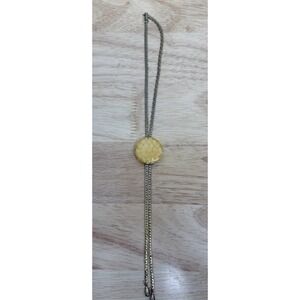 Vintage Gold Tone Bolo Slide Necklace Yellow Enamel Round Pendant Lariat Tassel